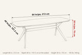 Amandola dimensions on a pencil sketch of the table: 84 in long, 40 in deep at the widest, 30 in high