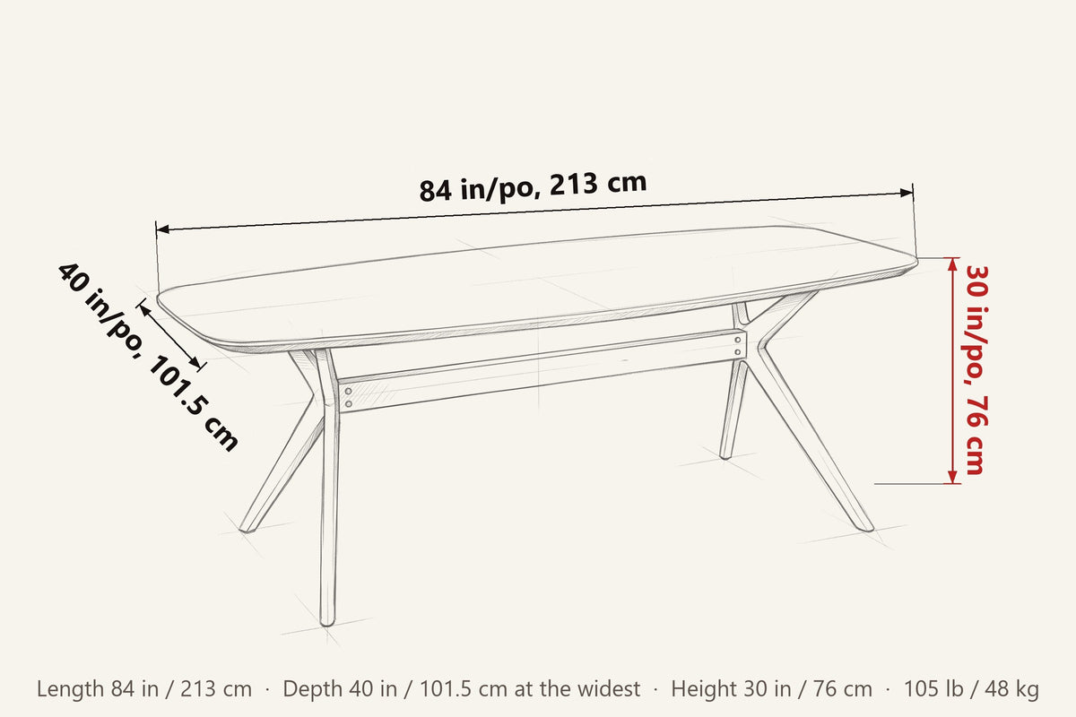 Amandola dimensions on a pencil sketch of the table: 84 in long, 40 in deep at the widest, 30 in high