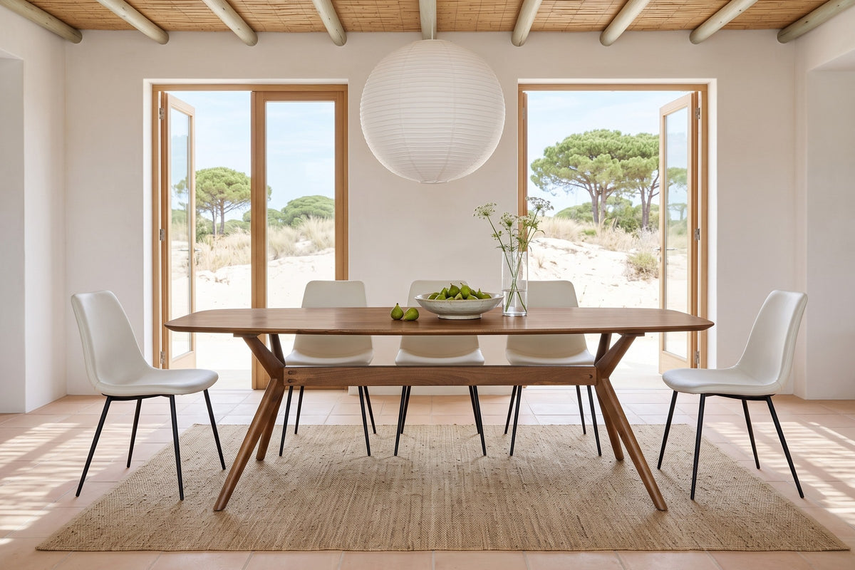 Amandola dining table in Light Walnut in a Comporta beach house with white lime walls