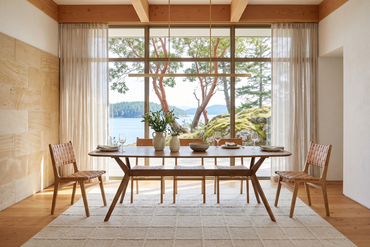 Amandola dining table in Light Walnut in a Salt Spring Island dining room with a sandstone wall
