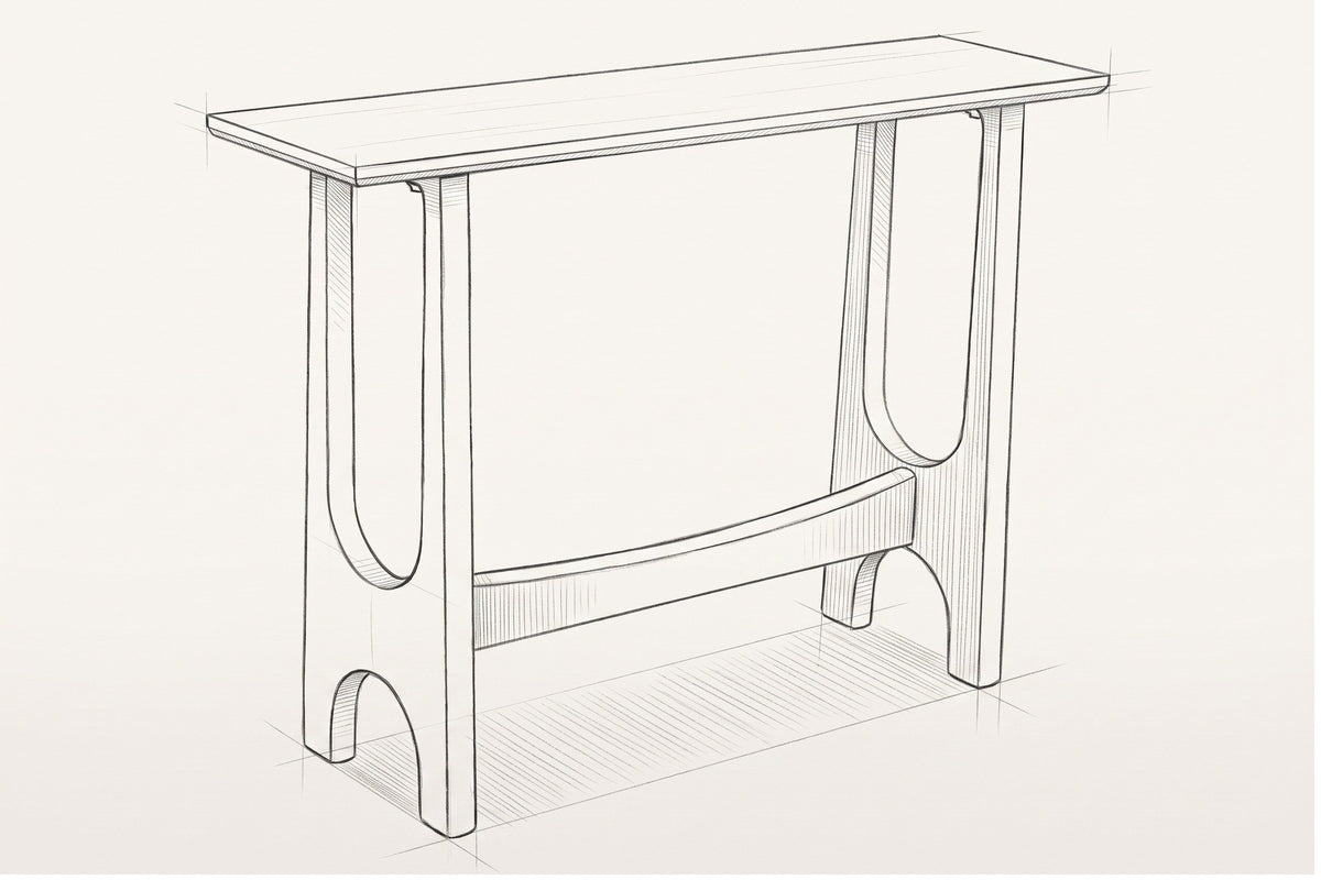 Pencil sketch of the Amelia console table, three-quarter view from above