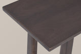 Close-up of the Amelia top corner in mocha: a deep espresso finish over the grain of solid mango wood and a softly eased edge