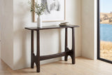 Amelia console table in mocha in a pale lake house hall near Kelowna, a white vase of olive branches at one end
