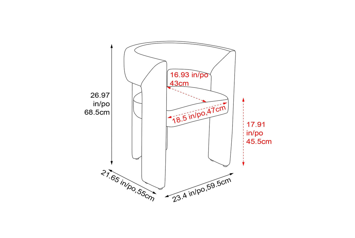 Andrea dining chair dimensions: 23.4 in wide, 21.65 in deep, 26.97 in high, seat 17.91 in high