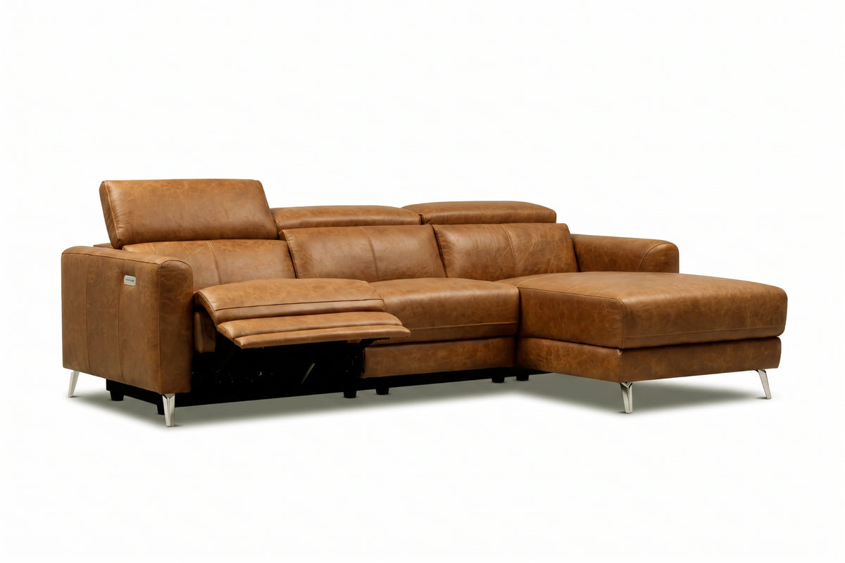 Andria power Reclining Sectional in distressed Italian aniline leather