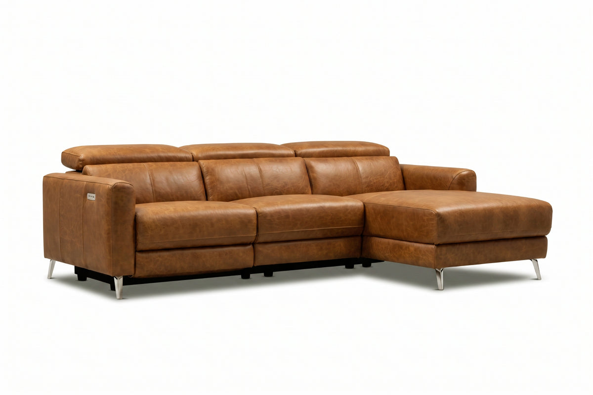 Andria power Reclining Sectional in distressed Italian aniline leather