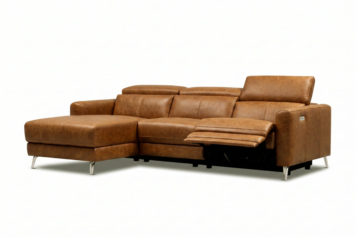 Andria power Reclining Sectional in distressed Italian aniline leather