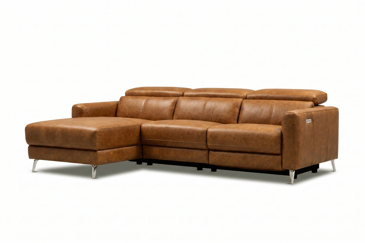 Andria power Reclining Sectional in distressed Italian aniline leather