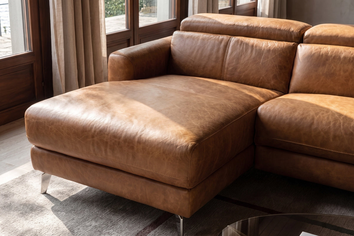 Andria power Reclining Sectional in distressed Italian aniline leather