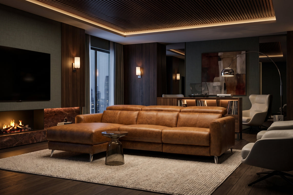 Andria power Reclining Sectional in distressed Italian aniline leather