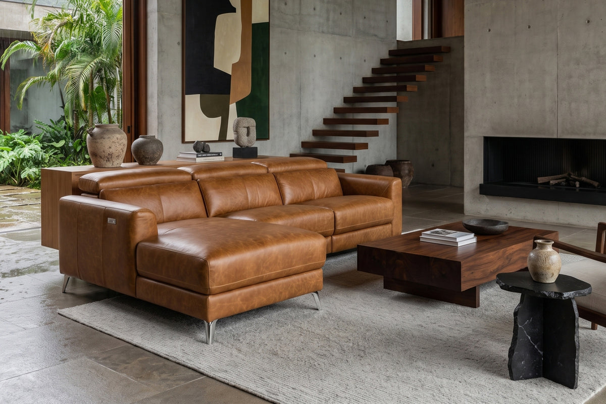 Andria power Reclining Sectional in distressed Italian aniline leather