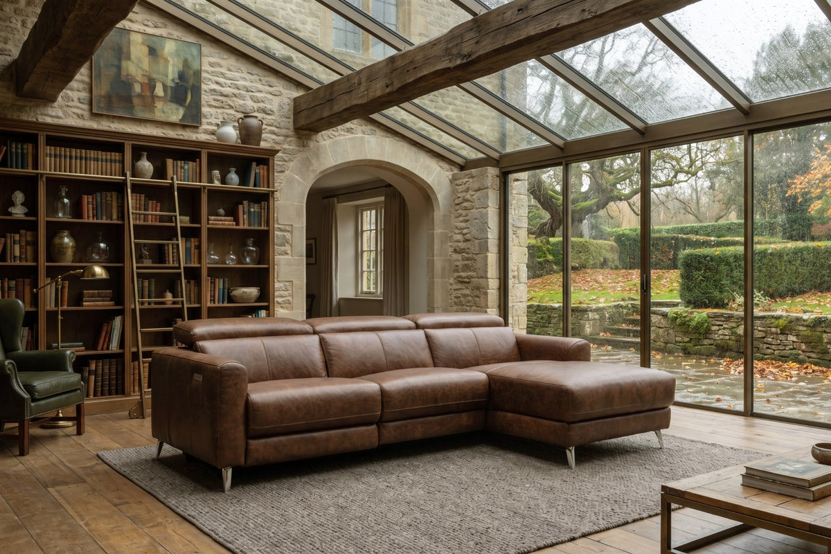Andria power Reclining Sectional in distressed Italian aniline leather