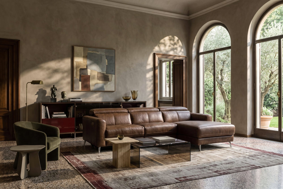 Andria power Reclining Sectional in distressed Italian aniline leather