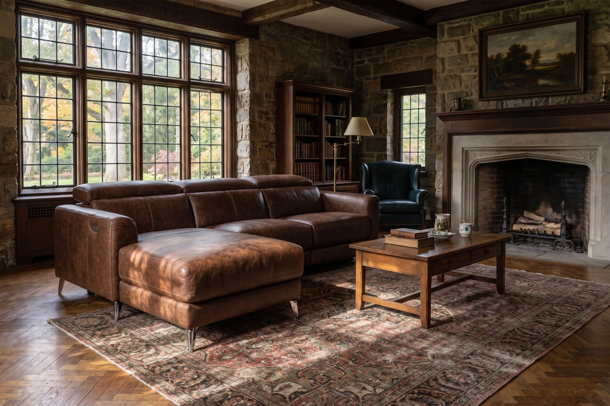 Andria power Reclining Sectional in distressed Italian aniline leather