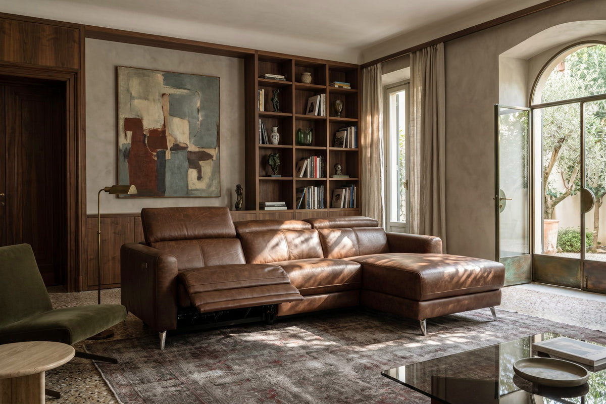 Andria power Reclining Sectional in distressed Italian aniline leather