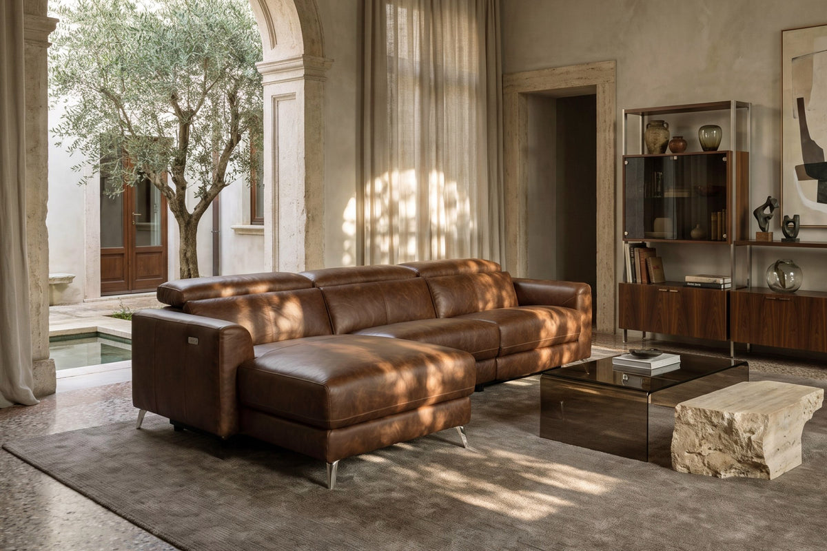Andria power Reclining Sectional in distressed Italian aniline leather