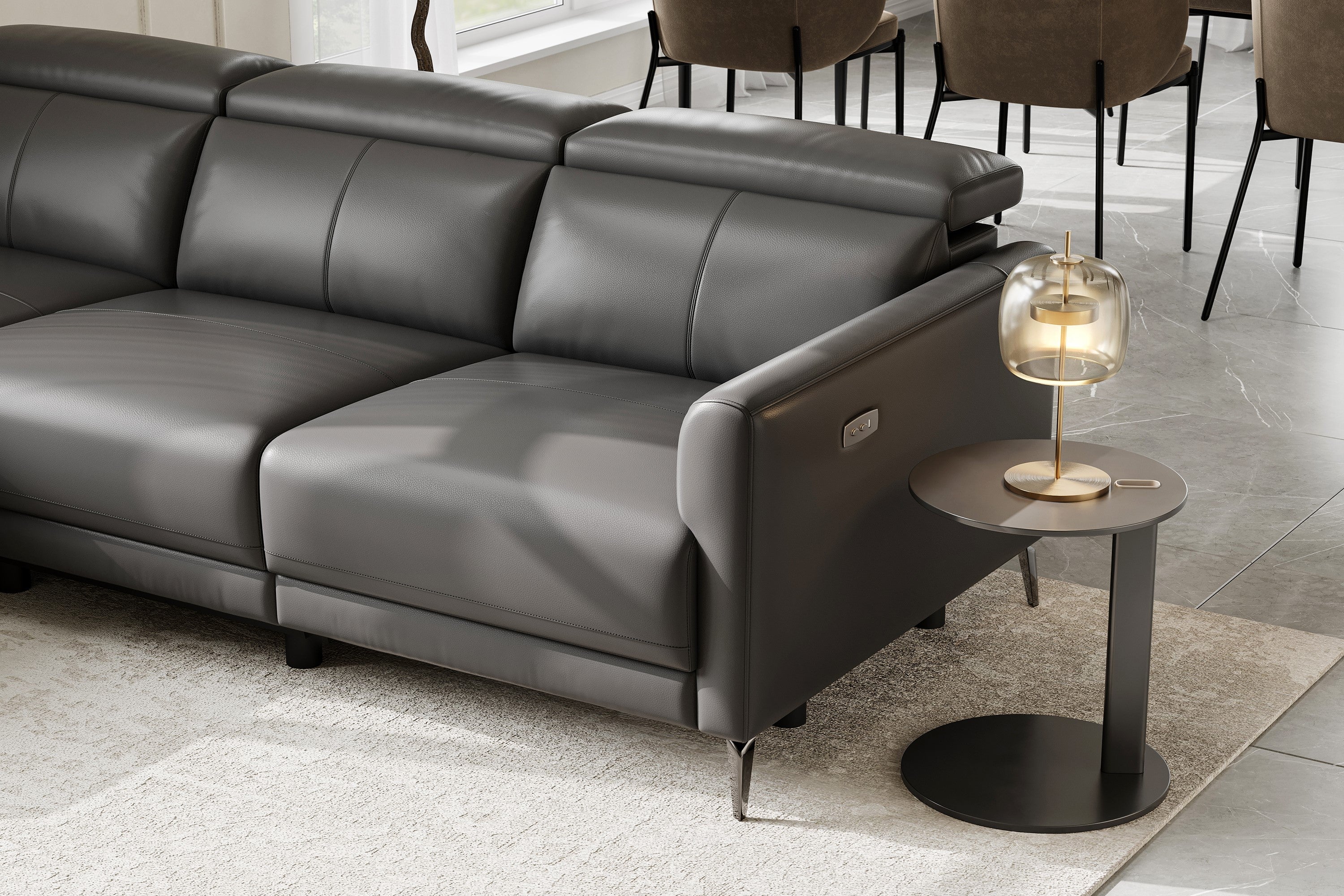 Valencia Andria Modern Left Hand Facing Top Grain Leather Reclining Sectional Sofa, Grey Color