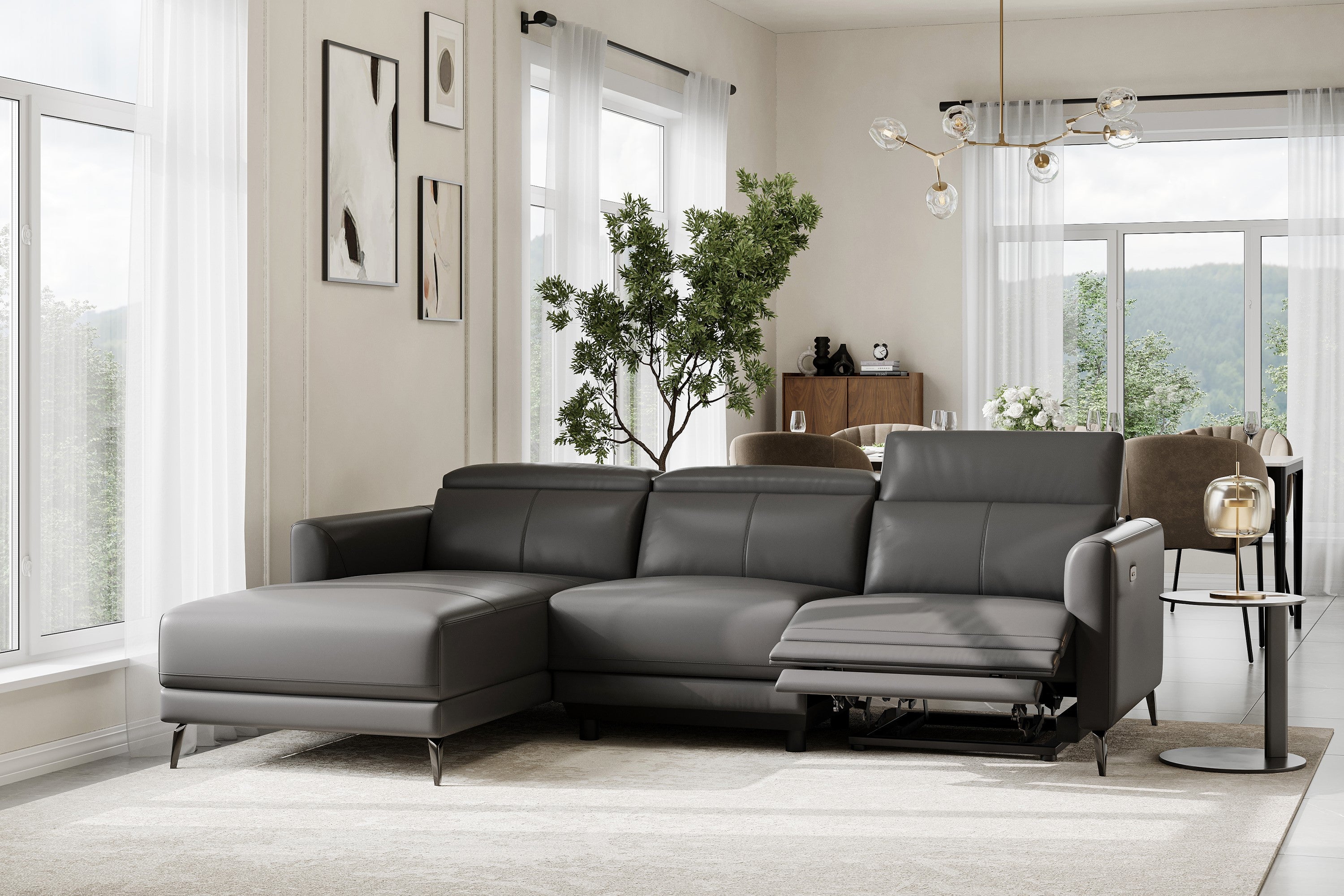 Valencia Andria Modern Left Hand Facing Top Grain Leather Reclining Sectional Sofa, Grey Color