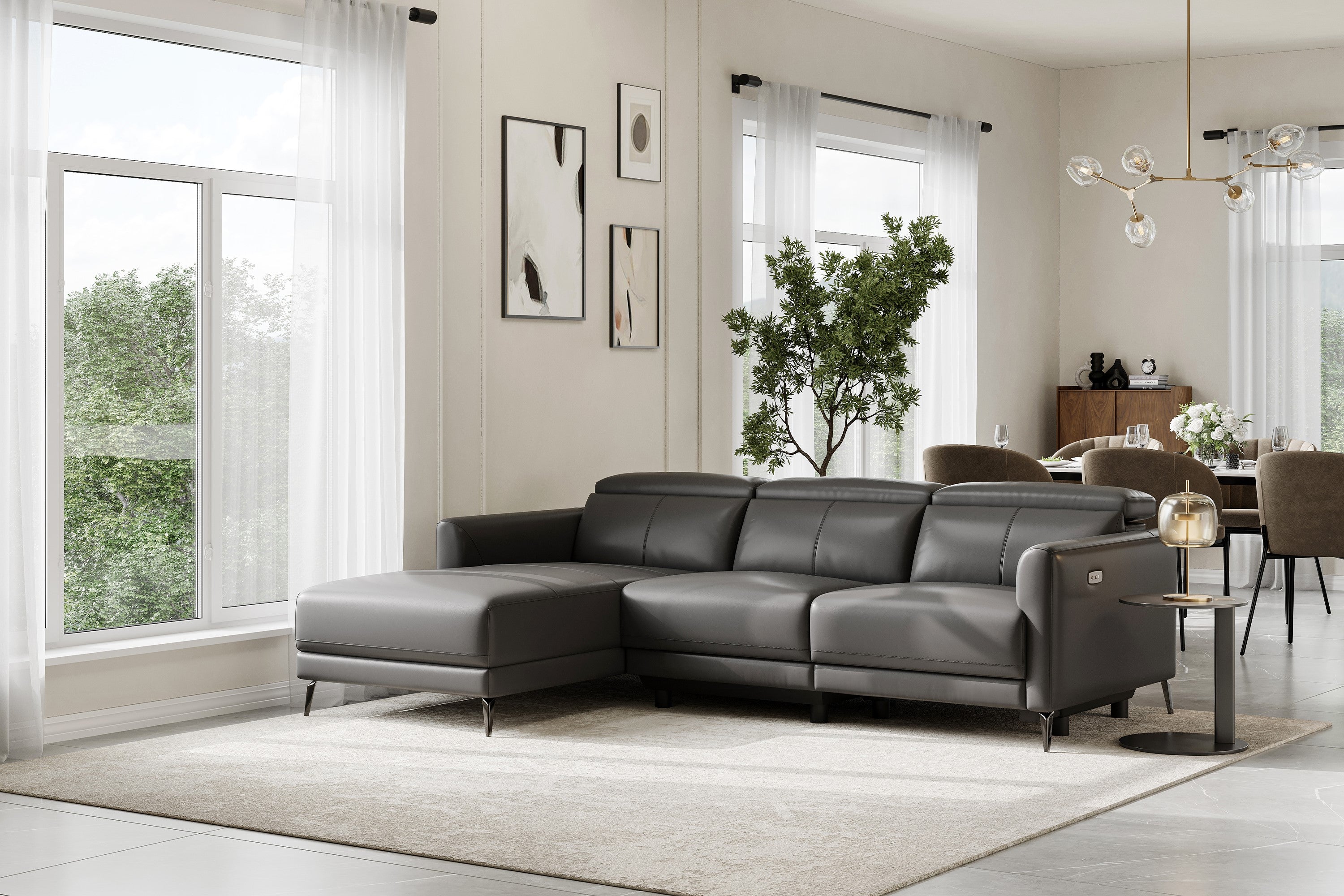 Valencia Andria Modern Left Hand Facing Top Grain Leather Reclining Sectional Sofa, Grey Color