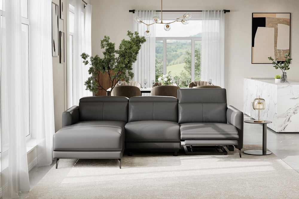 Valencia Andria Modern Left Hand Facing Top Grain Leather Reclining Sectional Sofa, Grey Color