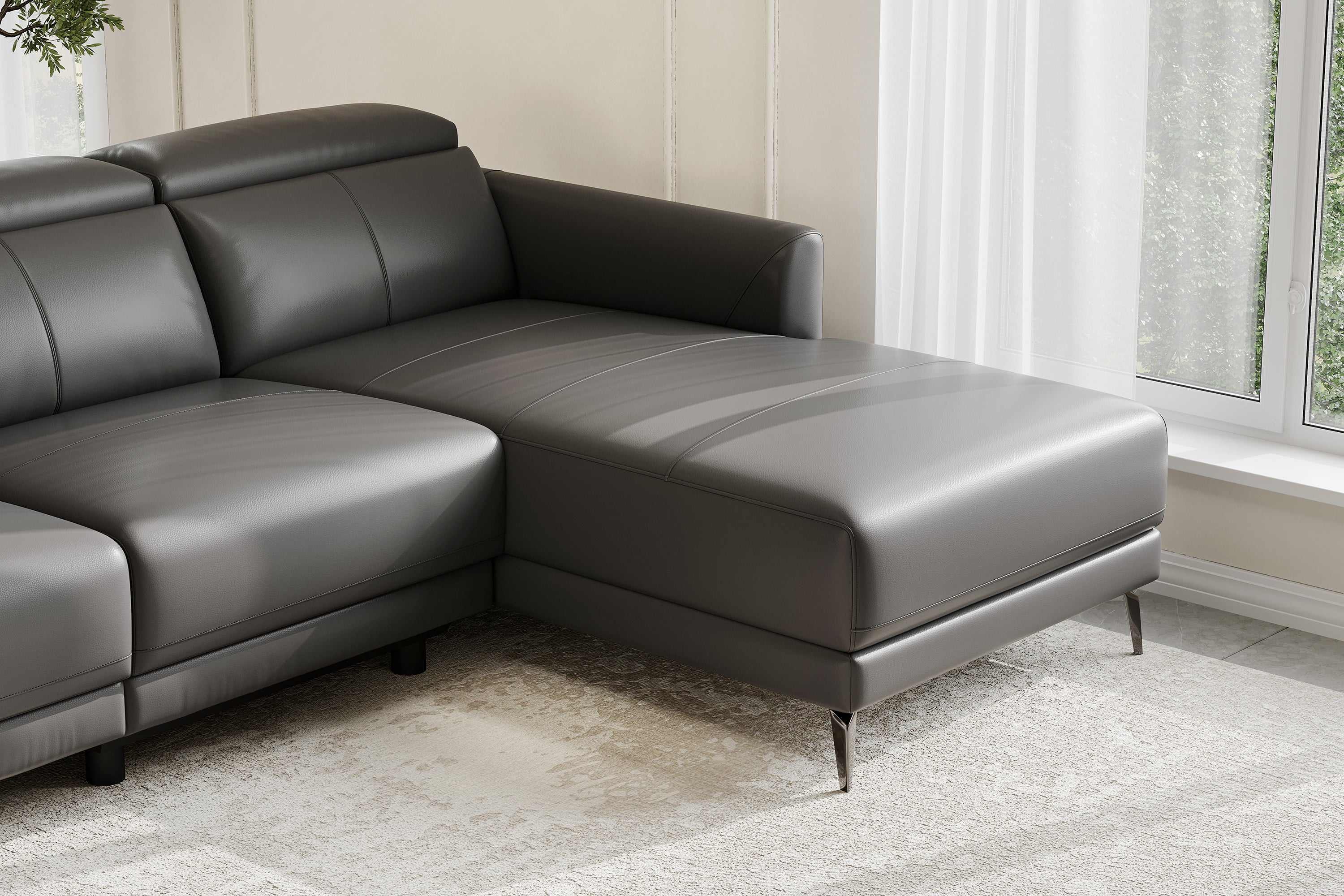 Valencia Andria Modern Right Hand Facing Top Grain Leather Reclining Sectional Sofa, Grey