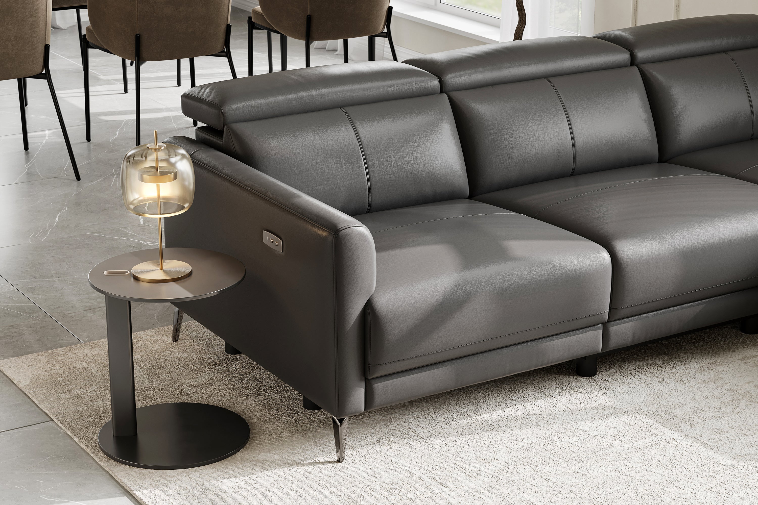 Valencia Andria Modern Right Hand Facing Top Grain Leather Reclining Sectional Sofa, Grey