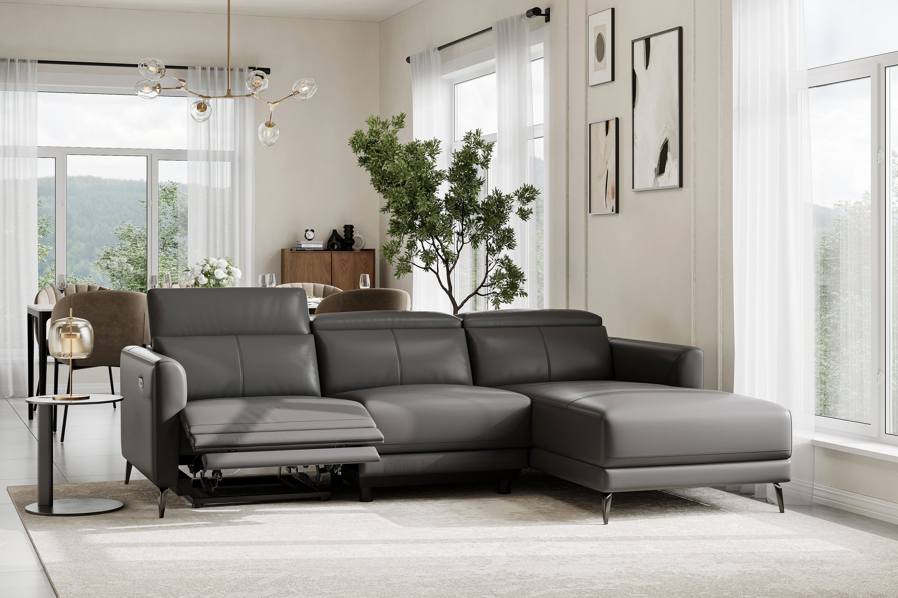 Valencia Andria Modern Right Hand Facing Top Grain Leather Reclining Sectional Sofa, Grey