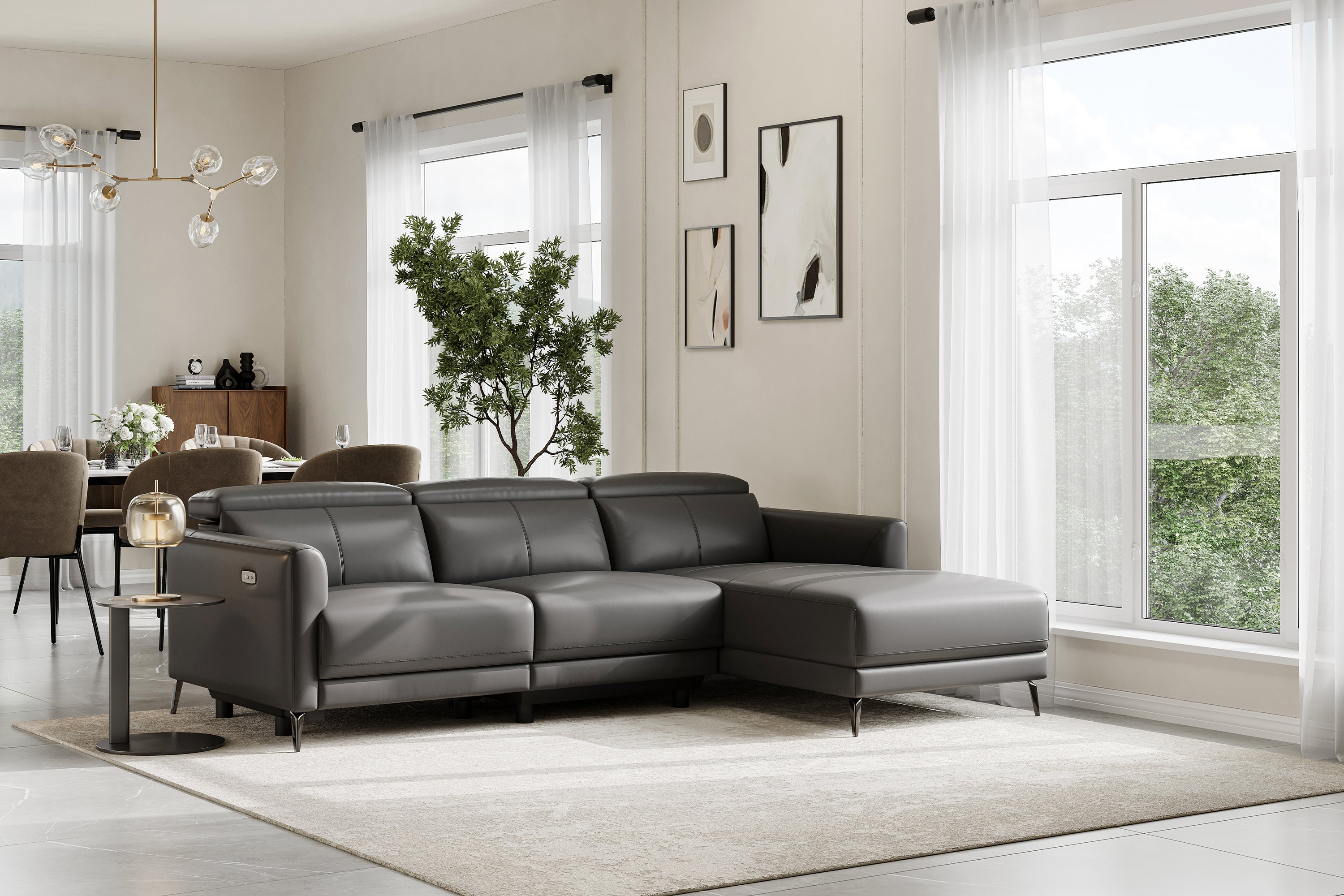 Valencia Andria Modern Right Hand Facing Top Grain Leather Reclining Sectional Sofa, Grey