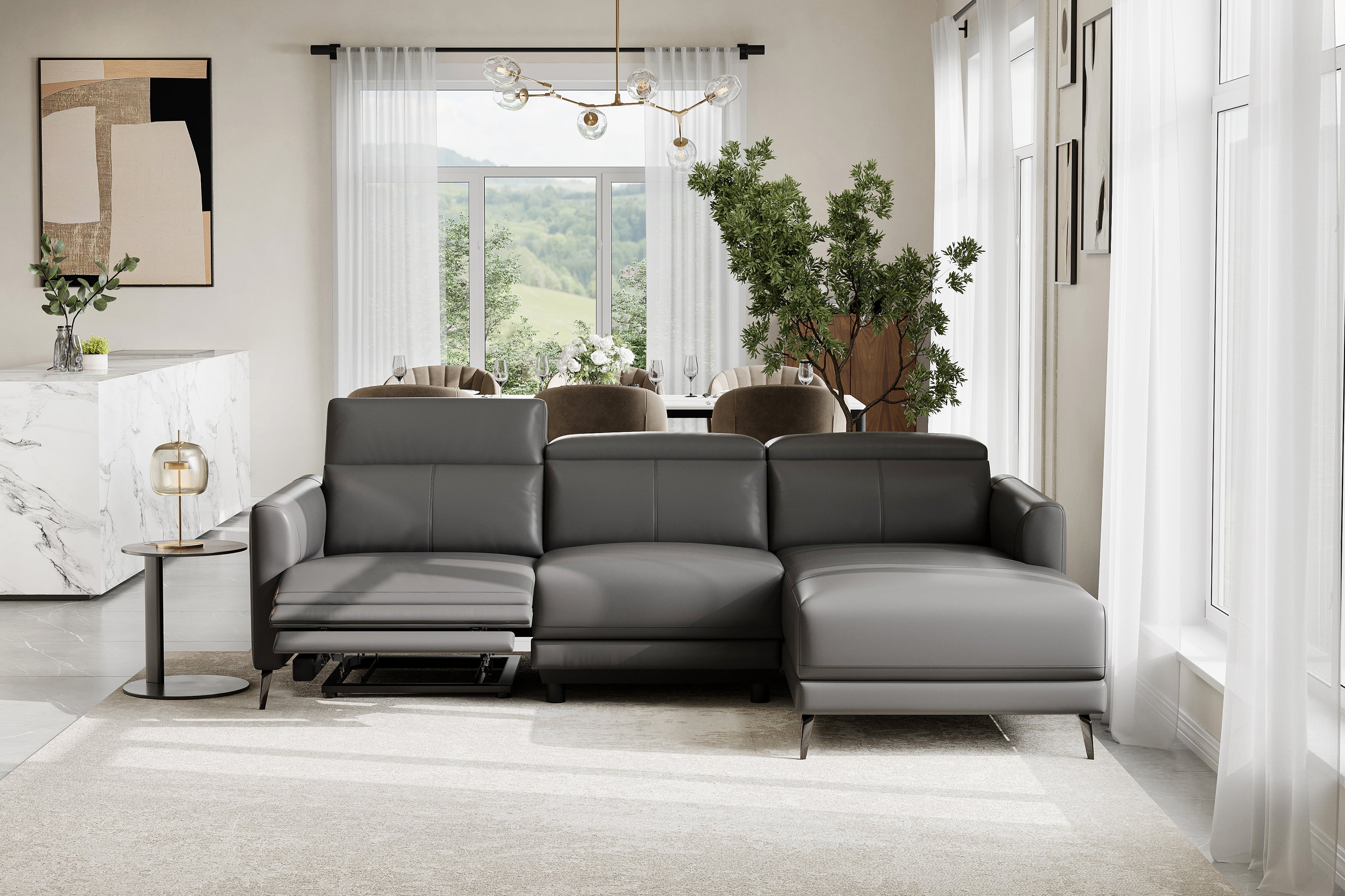 Valencia Andria Modern Right Hand Facing Top Grain Leather Reclining Sectional Sofa, Grey