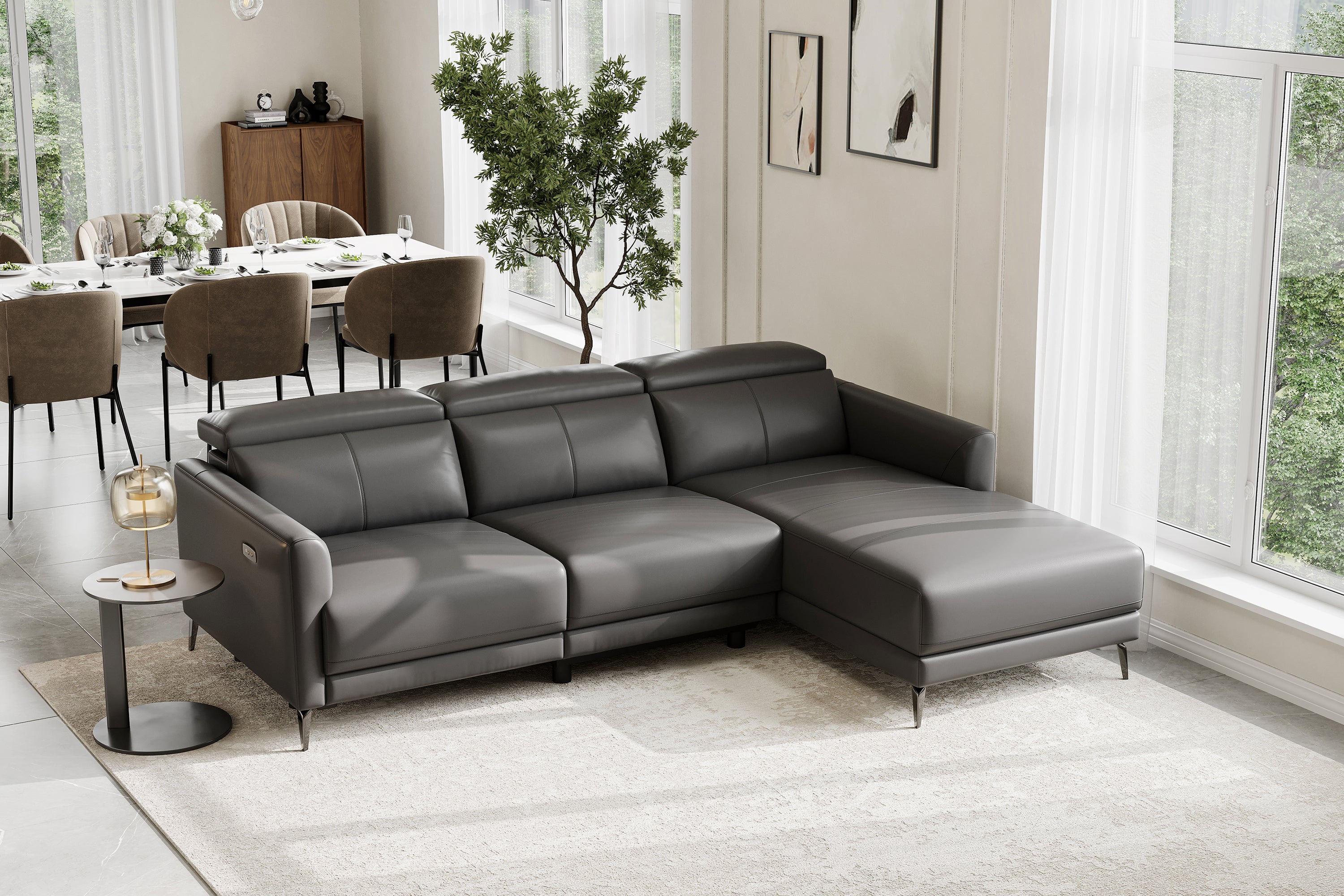 Valencia Andria Modern Right Hand Facing Top Grain Leather Reclining Sectional Sofa, Grey