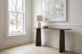 Anghiari console table in mocha in the front hall of an Ottawa Glebe house, white wainscoting