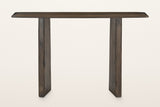 Anghiari console table in mocha, straight front view: a thin top with rounded corners on two thick slab legs