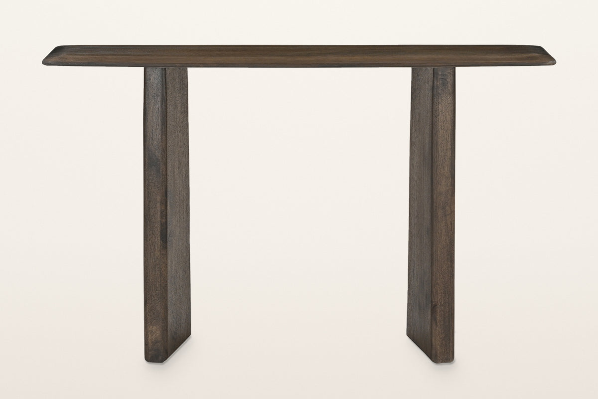 Anghiari console table in mocha, straight front view: a thin top with rounded corners on two thick slab legs
