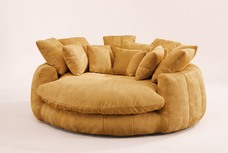 Aosta oversized round lounge chair in yellow chenille, three-quarter view on a warm off-white backdrop