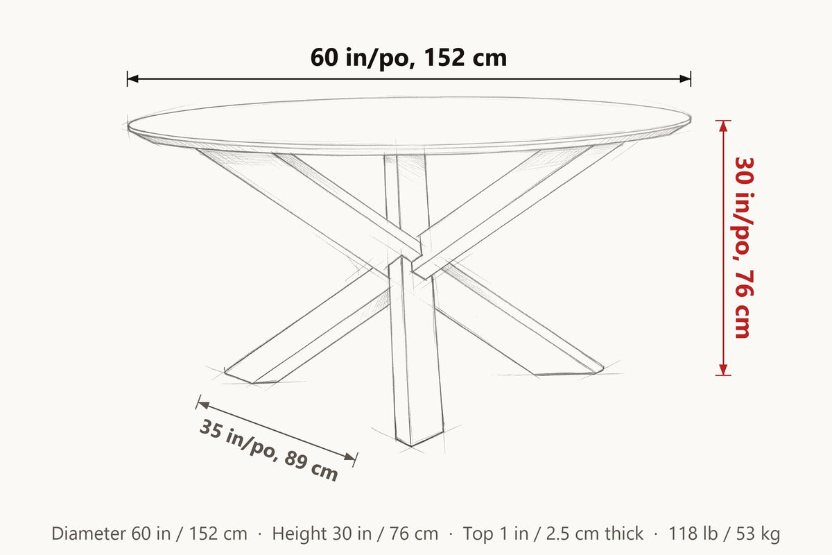 Apecchio dimensions on a pencil sketch of the table: 60 in across, 30 in high, 35 in between the feet