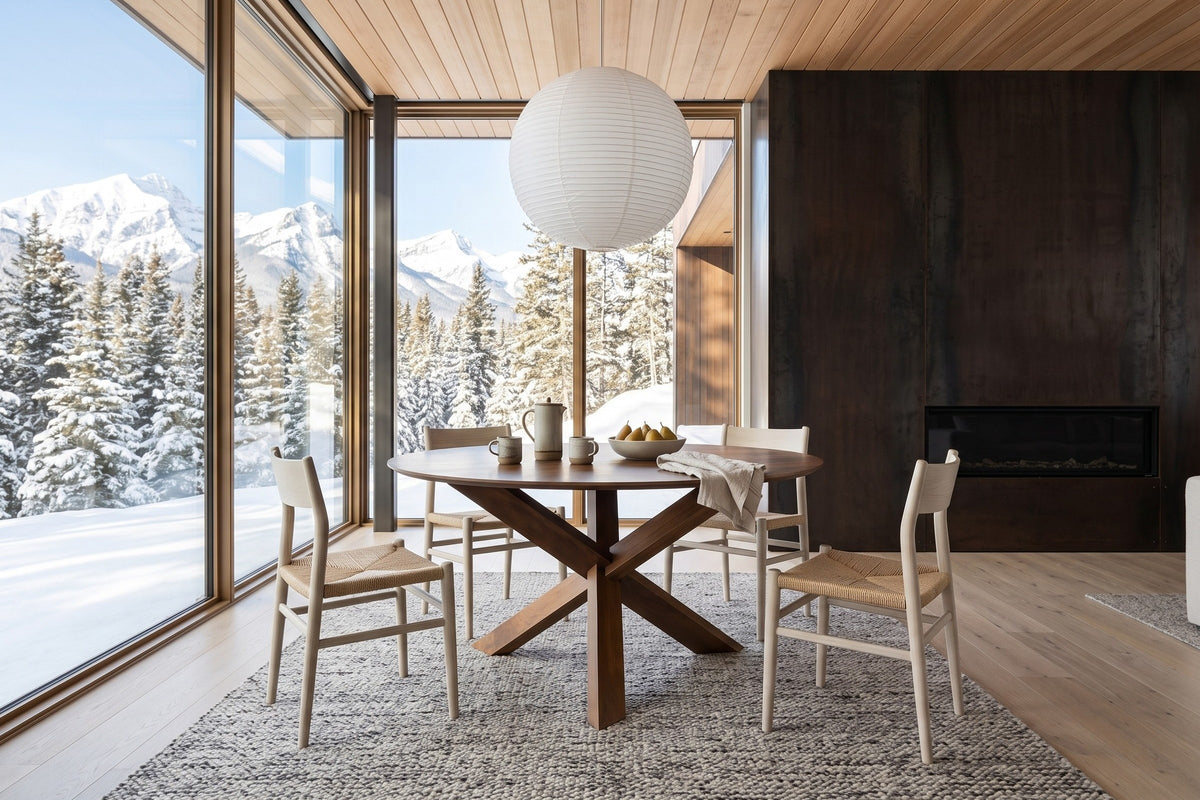 Apecchio round dining table in a Banff mountain house in winter, with a corten fireplace wall