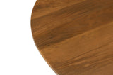 Close-up of the round Apecchio top in walnut and teak: the thin edge and the figured mango grain