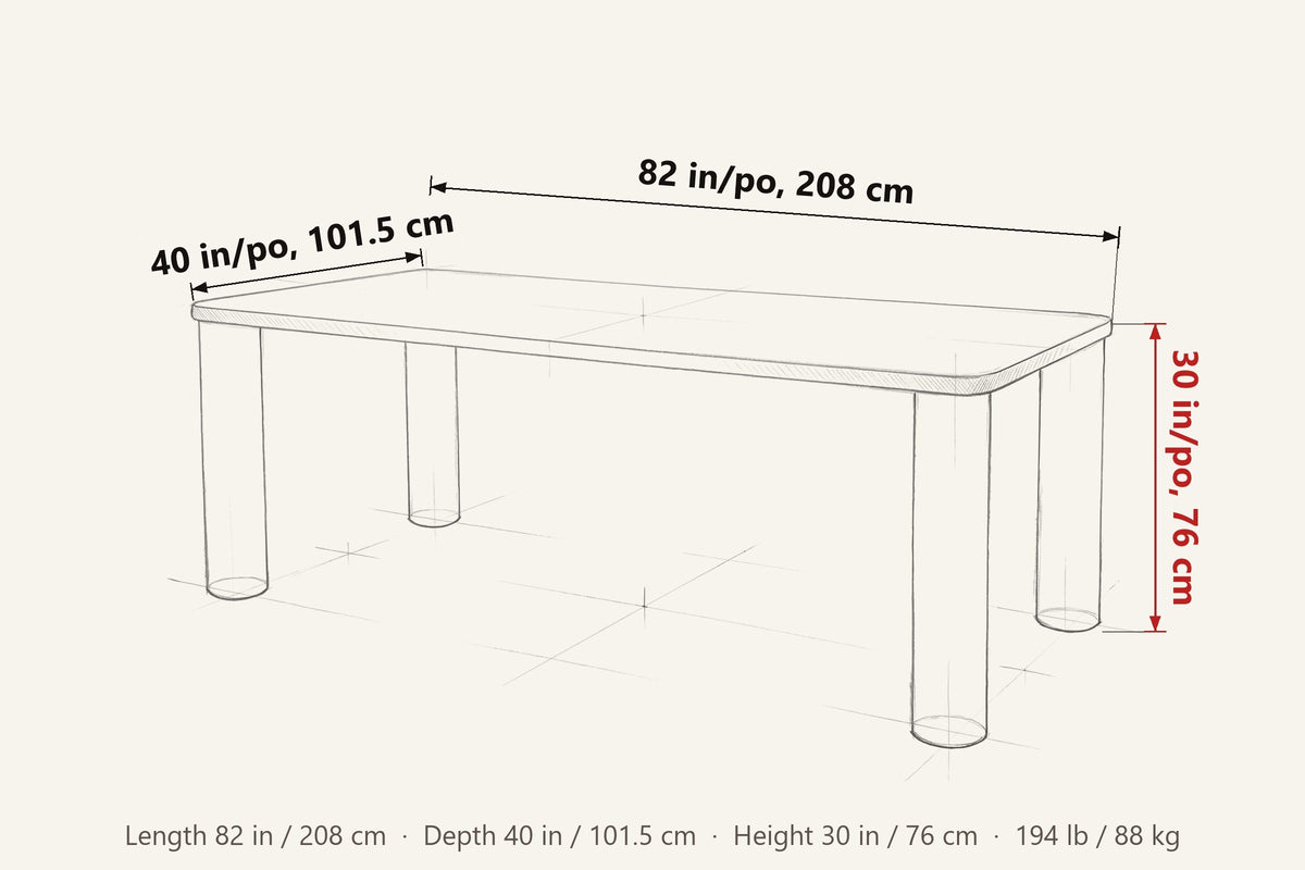 Arcevia dimensions on a pencil sketch of the table: 82 in long, 40 in deep, 30 in high