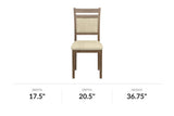 Arden walnut and beige fabric dining chair, front view with dimensions