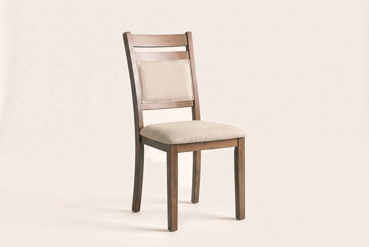 Arden dining chair in Walnut / Beige, a greyish walnut-finish rubberwood frame with a pale beige ribbed seat and back, three-quarter view on a warm cream studio backdrop