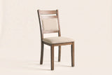 Arden dining chair in Walnut / Beige, a greyish walnut-finish rubberwood frame with a pale beige ribbed seat and back, three-quarter view on a warm cream studio backdrop