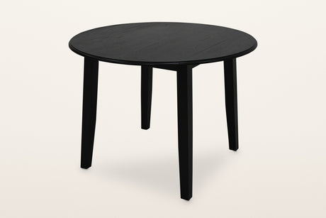 Arden round drop-leaf dining table in Black, both leaves up, three-quarter view on a warm white studio backdrop