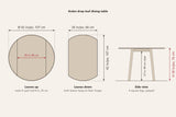 Arden drop-leaf dining table dimensions: 42 in round and 30 in high with the leaves up, 42 x 26 in with the leaves down, 27 in clear under the apron, each leaf 8 in
