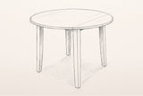 Pencil sketch of the Arden round drop-leaf dining table, three-quarter view