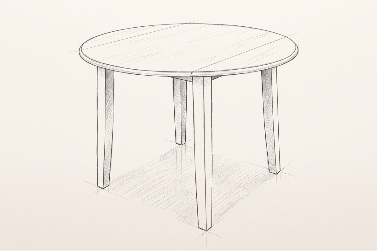 Pencil sketch of the Arden round drop-leaf dining table, three-quarter view