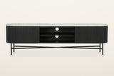 Arpino media console in black, straight front view: two reeded doors, an open centre with one shelf and two cable holes