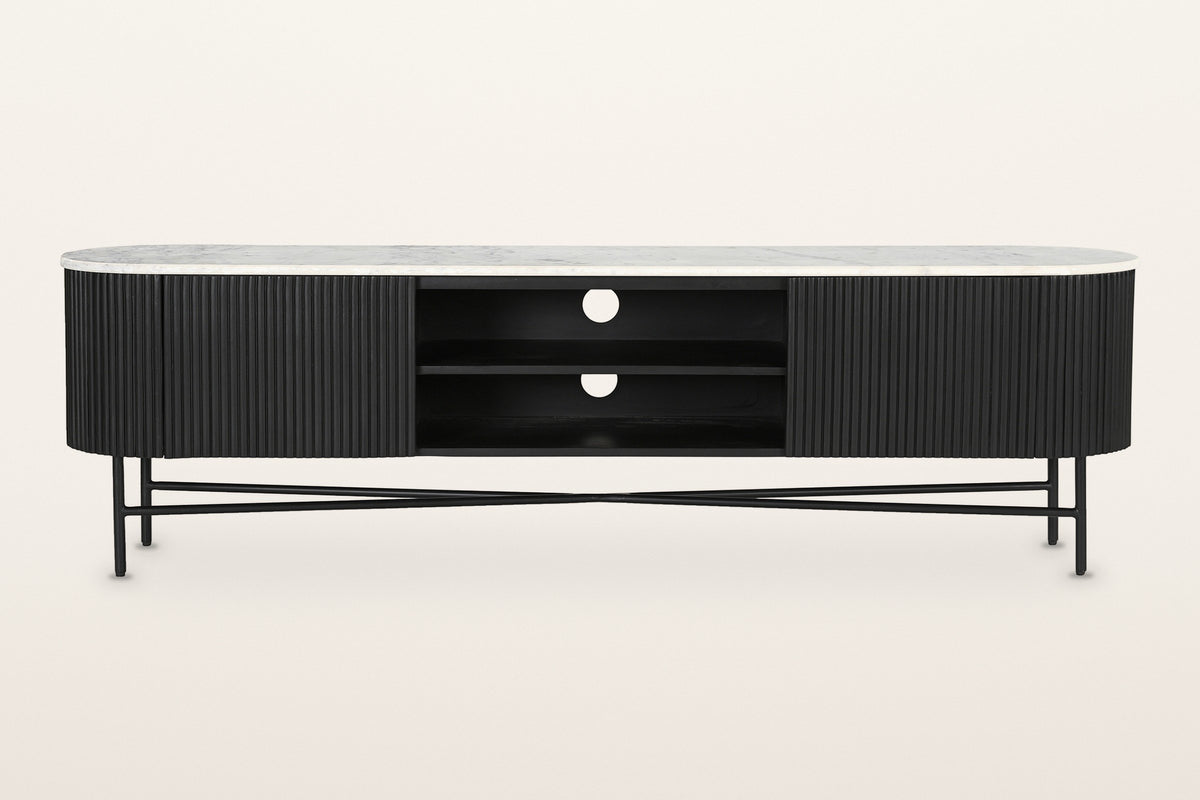 Arpino media console in black, straight front view: two reeded doors, an open centre with one shelf and two cable holes