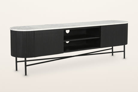 Arpino reeded mango wood media console in black with a white marble top and a black metal base