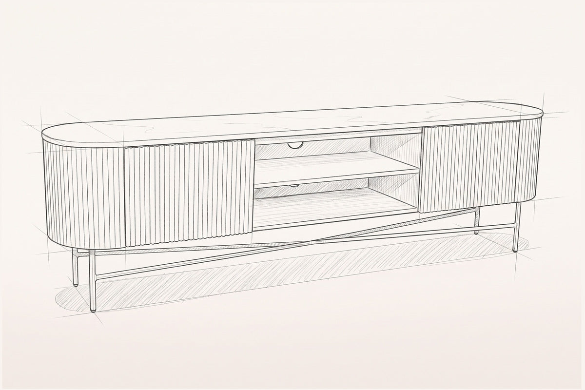 Pencil sketch of the Arpino media console, three-quarter view from above