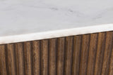 Close-up of the Arpino white marble top over the reeded mango wood case in walnut